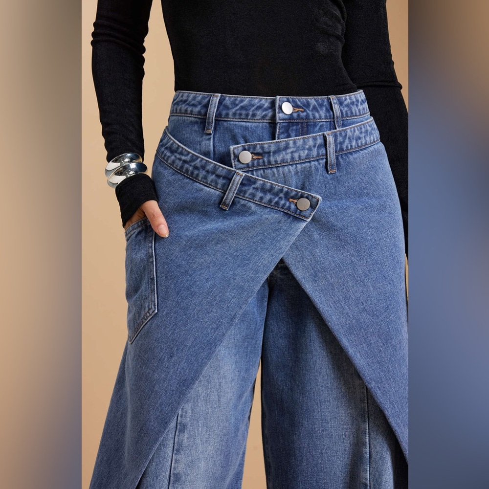 High-Rise Blue Crossover Wide-Leg Jeans - Picture 2 of 6